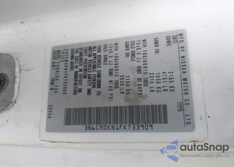 2015 Nissan Nv200 2.5S/2.5Sv z USA, uszkodzony, nr VIN 3N6CM0KN1FK733909